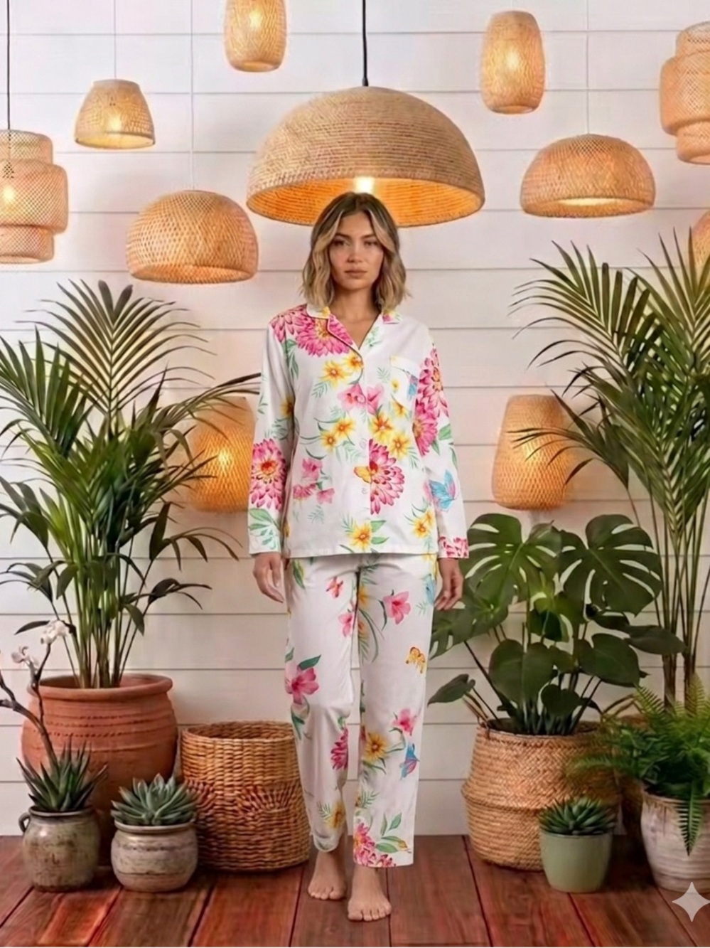 Victoria's Secret White Floral Pajama Set with Pink & Yellow Blooms